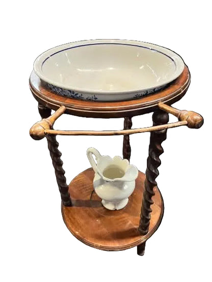 Vintage Victorian Style Wash Basin Stand Barley Twist Legs Ceramic Bowl & Pitcher